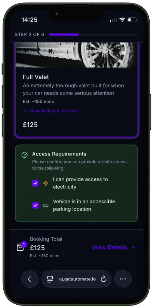 Automate mobile booking page shown on a phone
